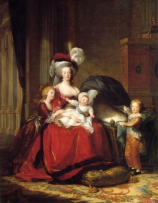 This State Portrait by Élisabeth Vigée-Lebrun (1787) of Marie Antoinette and her children Marie Thérèse, Louis Charles (on her lap), and Louis Joseph, was meant to help her reputation by depicting her as a mother and in simple, yet stately attire