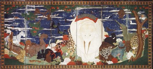 鳥獣花木図屏風-左