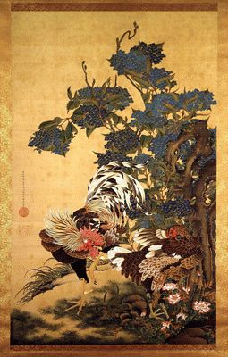 紫陽花双鶏図
