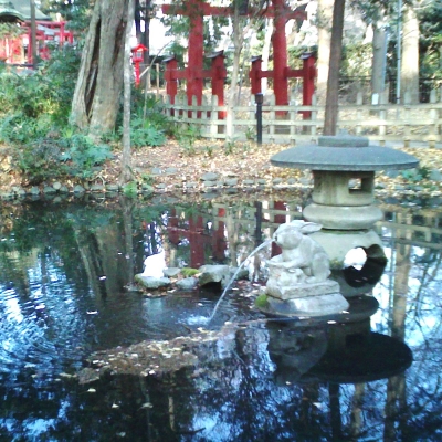 池の中にもうさぎの像がある調神社