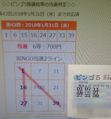 ビンゴ5予想当たった!第43回抽選で当選!