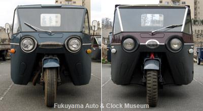 三輪トラック・マツダCLY71(向かって右側)とGLTB77(左側)の前面