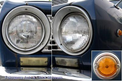ダットサン サニー1000デラックス(初代B10前期型2ドアセダン,1966年式)のヘッドライトとフロントマーカーランプおよびサイドマーカーランプ(右下)