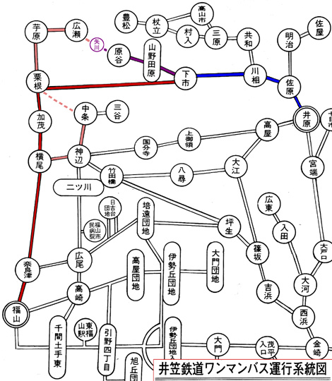 井笠鉄道ワンマンバス運行系統図(部分抜粋) 昭和52〜53年に作成の井笠鉄道ワンマンバス運行系統図(部分抜粋)