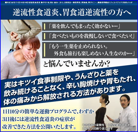 細川式 自宅で1日10分30日 逆流性食道炎 胸やけ 吐き気 痛み ストレス改善法 慢性胃炎 胃潰瘍 胃アトニー 機能性胃腸症 ディスペプシア 改善メソッド 評価