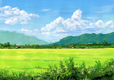 サクラマット水彩で描く水彩イラスト 半透明 不透明水彩で描く水彩画 山の風景を描く3