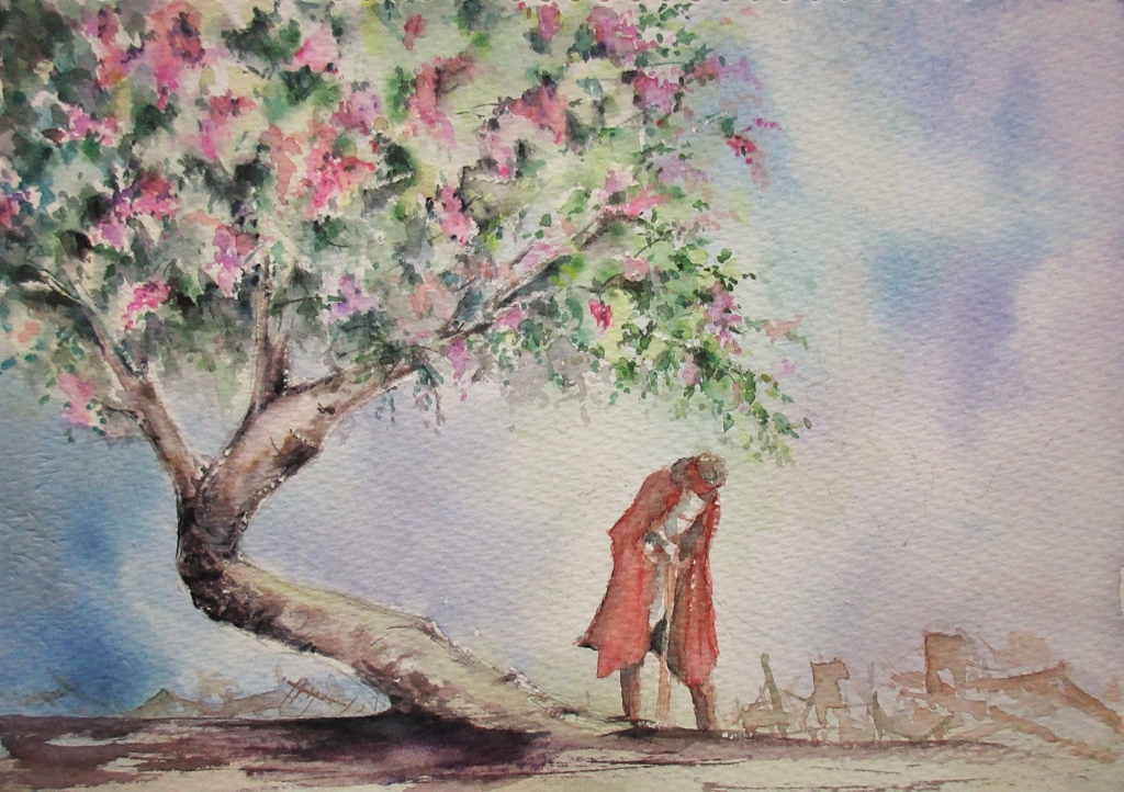 水彩画『百日紅』 百日紅の咲くヨコハマ・みなとみらい＾＾: ごくさんの透明水彩画