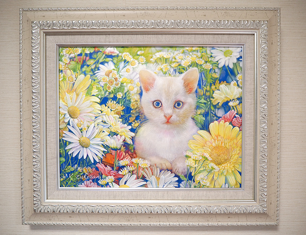 花畑と猫　ハンドメイド　絵画 フルオーダー。 大好きなネコちゃんと、大好きなダリアを