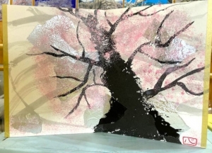 屏風絵桜 桜と姫路城の風景画 屏風式 日本画 1995年 桜