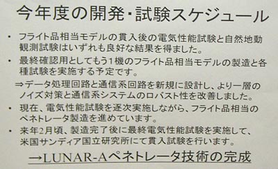【今年度の開発・試験スケジュール】<br>・フライト品相当モデルの貫入後の電気性能試験と自然地動観測試験はいずれも良好な結果を得ました。<br>・最終確認用としてもう1機のフライト品相当モデルの製造と各種試験を実施する予定です。→データ処理回路と通信系回路を新規に設計し、より一層のノイズ対策と通信系システムのロバスト性を改善しました。<br>・現在、電気性能試験を逐次実施しながら、フライト品相当のペネトレータ製造を進めています。<br>・来年2月頃、製造完了後に最終電気性能試験を実施して、米国サンディア国立研究所にて貫入試験を行ないます。→LUNAR-A ペネトレータ技術の完成