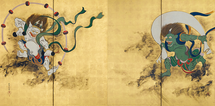 日本画 風神雷神図　浮世絵　色紙　金箔使用