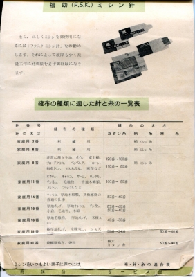 福助ミシン取扱説明書 布・針・糸の適合表
