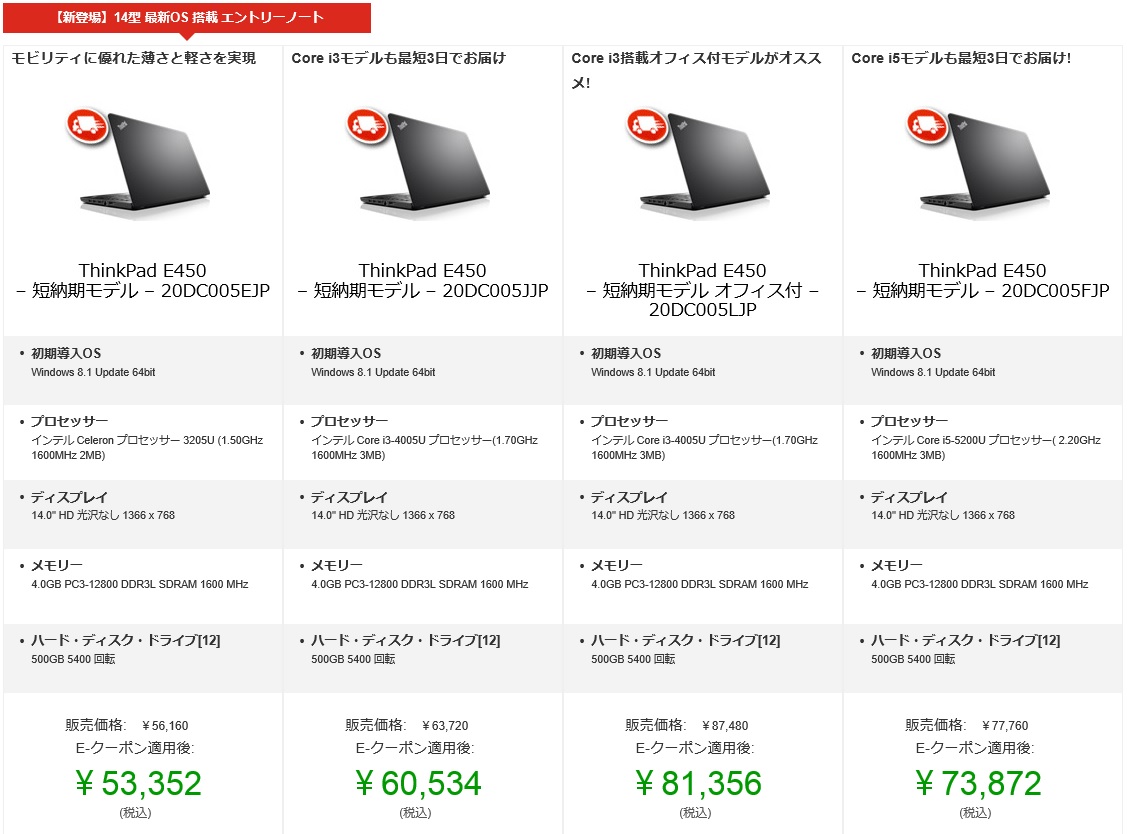 ThinkPad E450短納期モデルのラインナップ (2015年4月)