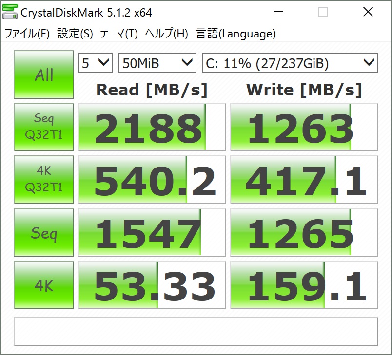 ThinkPad X1 CarbonのNVMeのCrystalDiskMark計測結果(50MB)