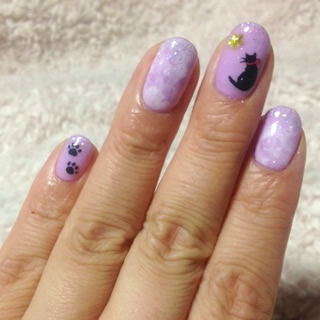 パープルマーブルネイル猫シルエットラメ
