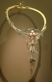 Fuchsia Necklace designed by Alphonse Mucha and made by jeweler Gorges Fouquet in opal, cabochon sapphire, pearl, and gold (1905)