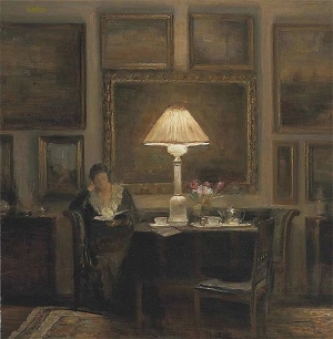 A LADY READING BY LAMPLIGHT