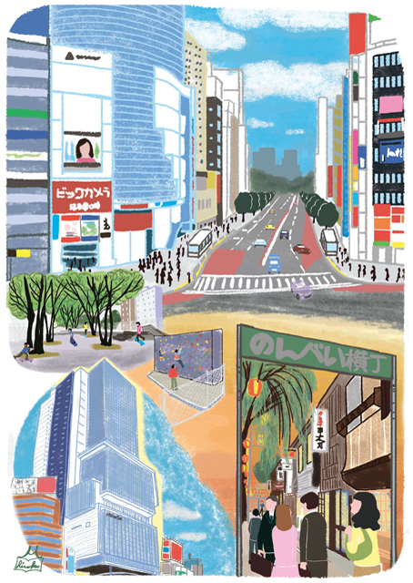 読売新聞 ４月２日夕刊 連載01 本山浩子の駅前とことこ 渋谷駅 風景イラスト 景色イラスト イメージイラスト 本山浩子のイラスト ファイル News