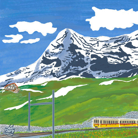 オリジナルイラスト 雪山と山小屋と登山鉄道 風景イラスト 景色イラスト 本山浩子のイラストファイル News