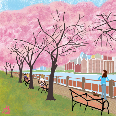 オリジナルイラスト ニューヨークの桜とマンハッタンの摩天楼 風景イラスト 景色イラスト 本山浩子のイラストファイル News