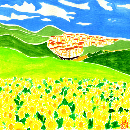 オリジナルイラスト スペイン アンダルシア地方の向日葵畑と白い村 風景イラスト 景色イラスト 本山浩子のイラストファイル News