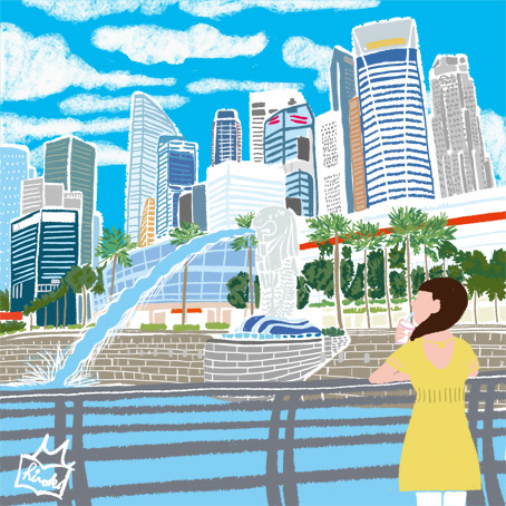 オリジナルイラスト 灼熱のシンガポールのビル群とマーライオン 風景イラスト 景色イラスト シンガポールイラスト 本山浩子のイラスト ファイル News