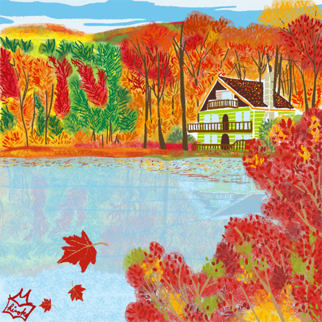 オリジナルイラスト カナダ メープル街道の紅葉 風景イラスト 景色イラスト 紅葉イラスト カナダイラスト 1410 Jpg