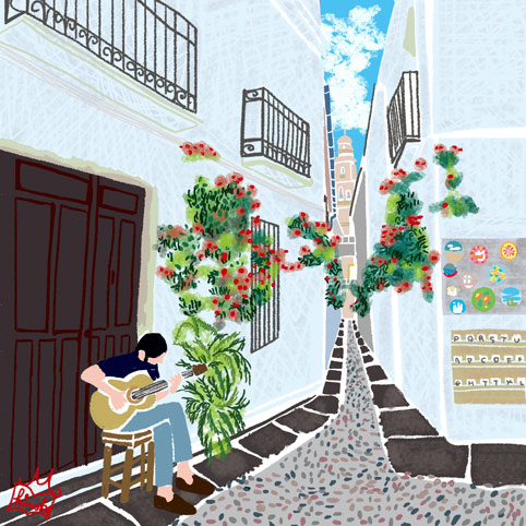 オリジナルイラスト スペイン アンダルシア地方 コルドバの花の小路 風景イラスト 景色イラスト 本山浩子のイラストファイル News