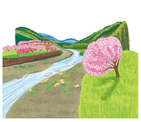 カゴメ野菜生活100季節限定シリーズ 信州白桃ミックス信州白桃ミックス 長野県 パッケージイラスト 背景イラスト 風景イラスト 景色イラスト 田園風景イラスト 川イラスト 名所イラスト 自然イラスト 旅イラスト 本山浩子のイラストファイル News