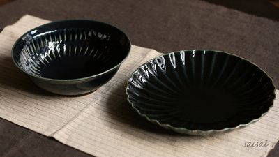 ルリ釉輪花7寸皿 ルリ釉2段鎬5.5寸鉢