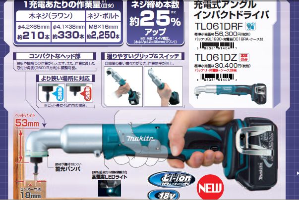 マキタ 18VシリーズにアングルインパクトドライバTL061DRF、小型