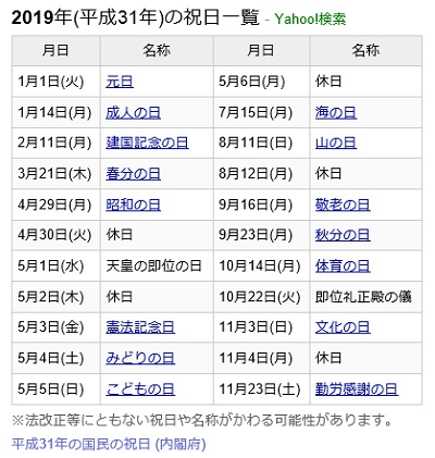 日本の祝日一覧