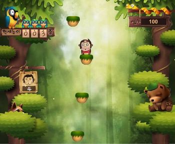 タイミングよく跳んで上にのぼっていくゲームだお きぐるみピエロ