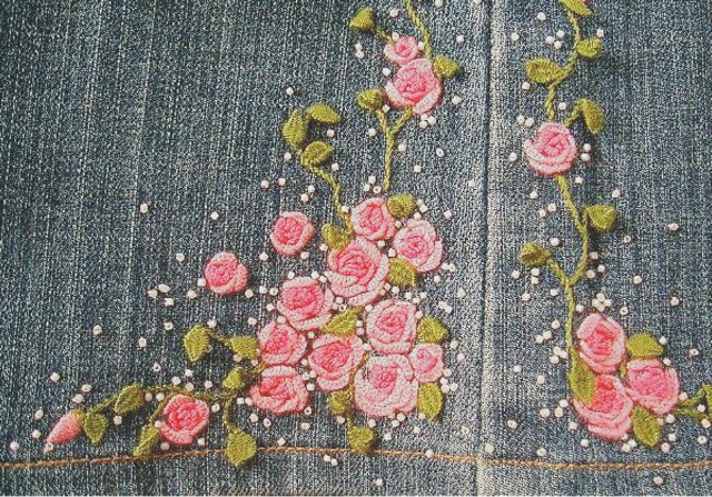 デニム,バラ刺繍,スタンプワーク