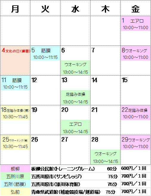 19年11月 エイジレスサークル スケジュール 健康運動指導士 日記