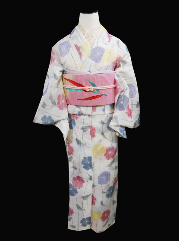 小千谷縮本麻夏着物白地に更紗