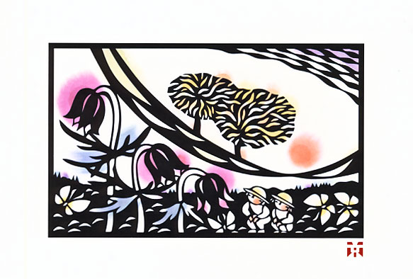 絵画「初冬の森の焚火」