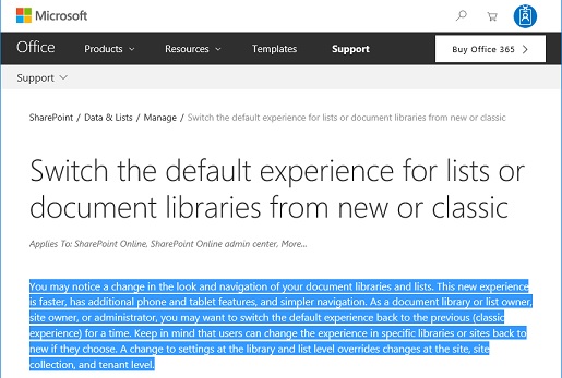 SharePoint Switch Default experience