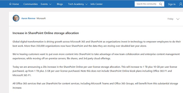 Increase in SharePoint Online storage allocation