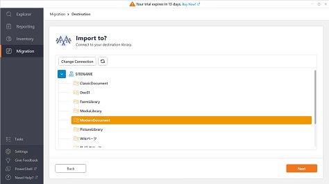 ShareGate Migration Import From File Share To SPO select library