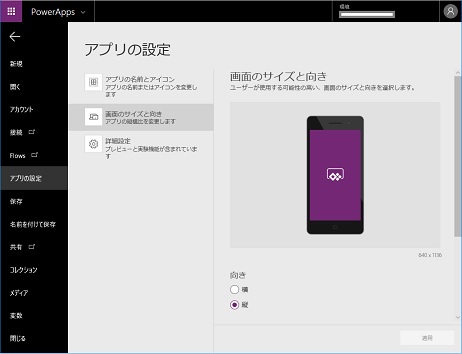 PowerApps Application Settings Display Size Direction 1