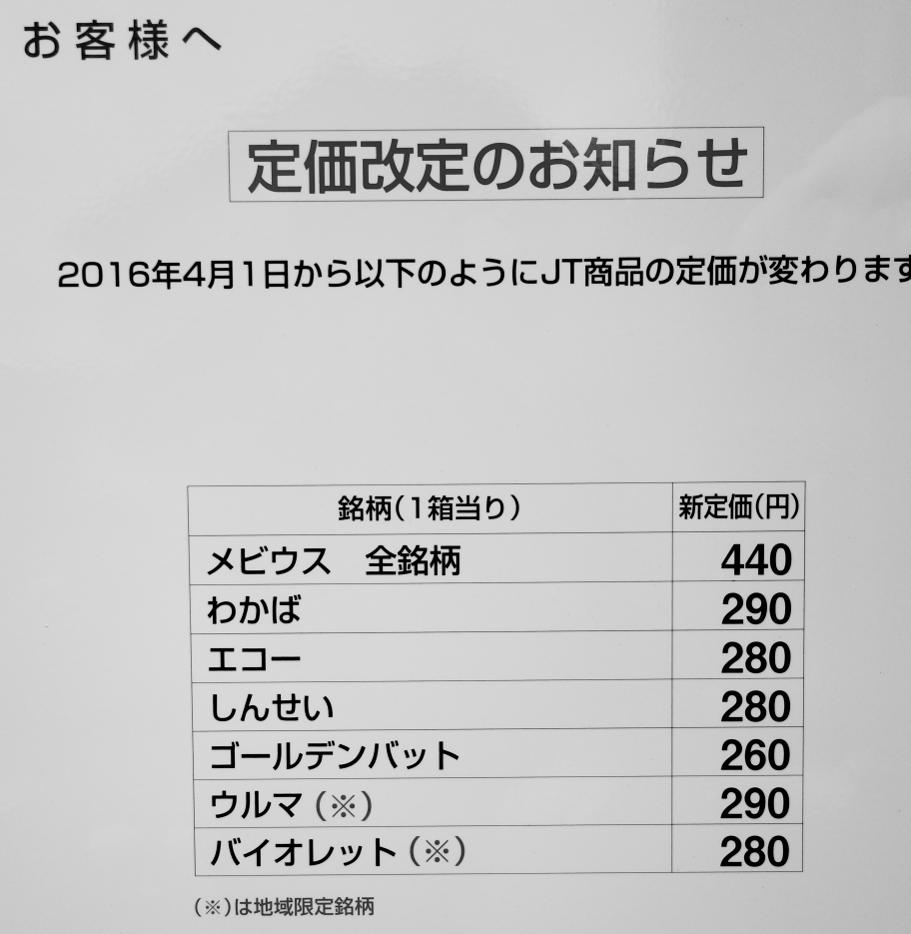 タバコ値上げ