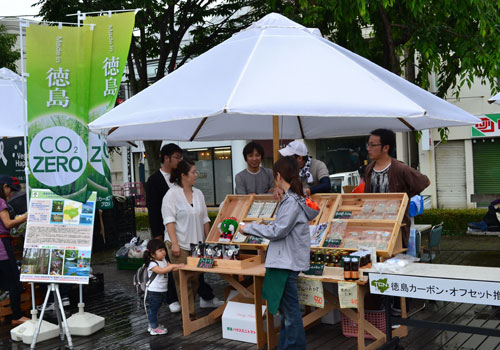 カーボン・オフセット商品を並べたパラソル