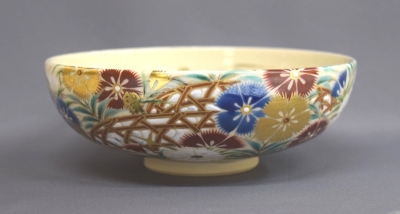 五代真葛香斎　萩絵平茶碗　平たく華やかな京焼抹茶碗　茶道具 五代真葛香斎 萩絵平茶碗 平たく華やかな京焼抹茶碗 茶道具