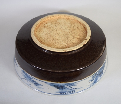 【茶道具】膳所焼 岩崎新定作 染付 近江八景絵 芋頭水指 茶道具】膳所焼 岩崎新定作 染付 近江八景絵 芋頭水指