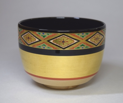 七代 高橋道八造 仁清写色絵団扇之図茶碗 茶道具 共布/共箱 七代 高橋道八造 仁清写色絵団扇之図茶碗 茶道具 共布/共