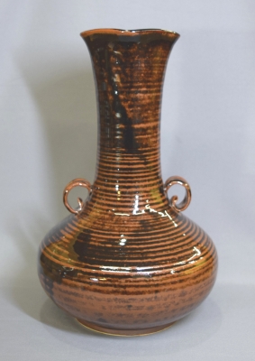 花瓶■百華釉 膳所焼 淡海せこ 陽炎園 古い花器 花入れ 耳付き 陶印 鶴首■ 花瓶□百華釉 膳所焼 淡海せこ 陽炎園 古い花器 花入れ 耳