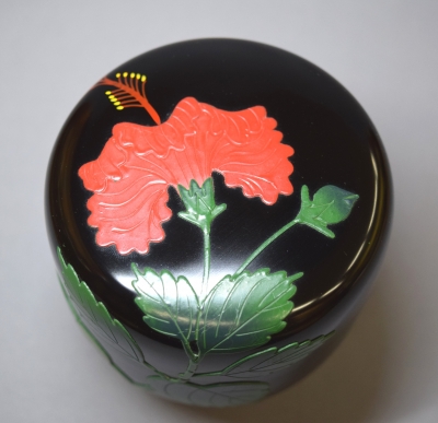琉球漆器 黒地赤ハイビスカス文棗 木箱 茶道具 本物保証(棗