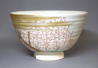 膳所焼 陽炎園 岩崎新定 色絵枝垂桜絵茶碗 久田尋牛斎 | 茶道具