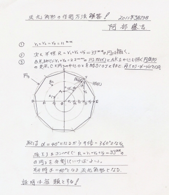 3月24日 木 ー晴れ 昨日の問題 正九角形を分度器なしで作図してください 解答公表 阿部藤吉 日本の世界遺産旅日記